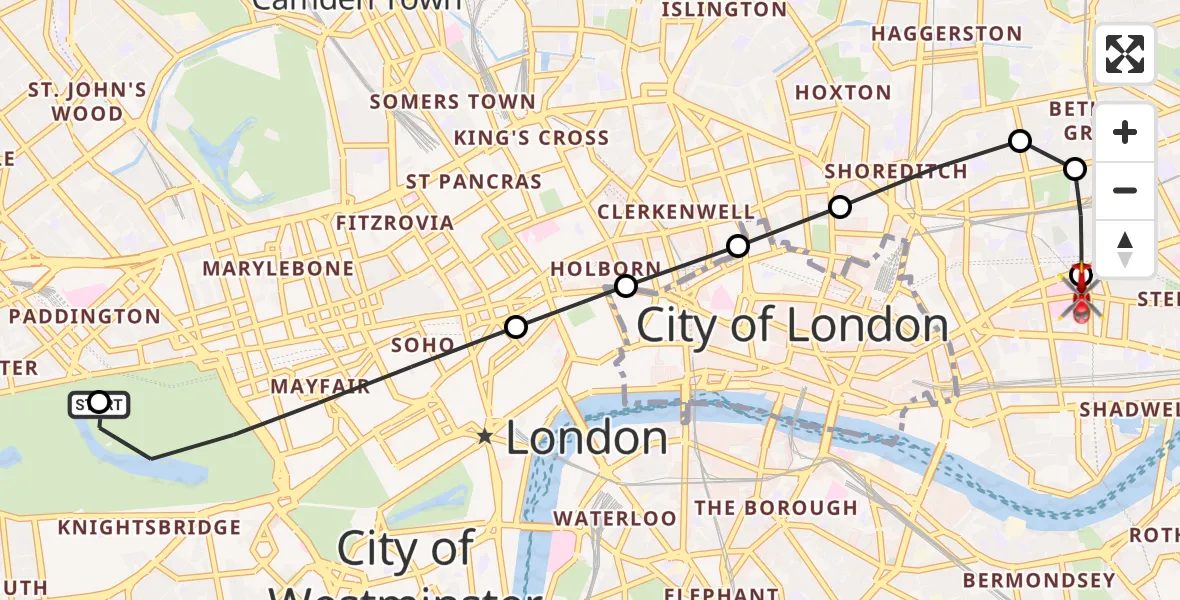 Flight route Air Ambulance Helicopter City of Westminster - Royal London Hospital, 01 June 2026, 11:48