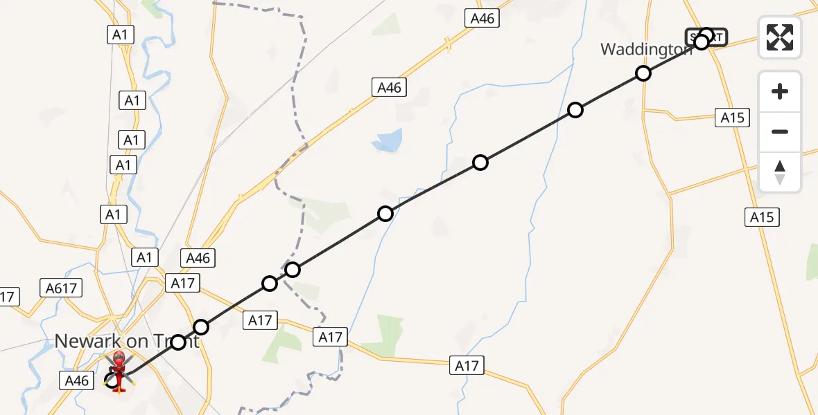 Flight route Air Ambulance Helicopter RAF Waddington - Hawton, 01 June 2026, 12:03