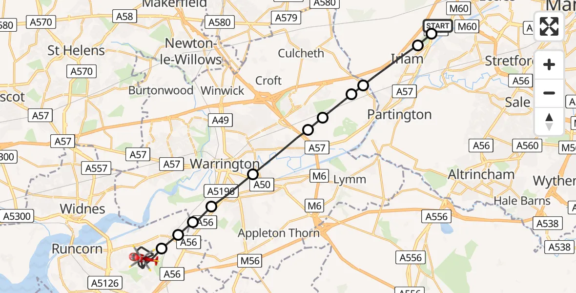 Flight route Air Ambulance Helicopter Manchester Barton Aerodrome - Runcorn, 01 June 2026, 12:05