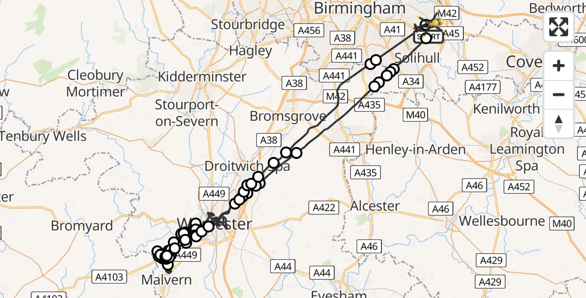 Flight route Police Helicopter Solihull - Birmingham Airport, 01 June 2026, 12:09