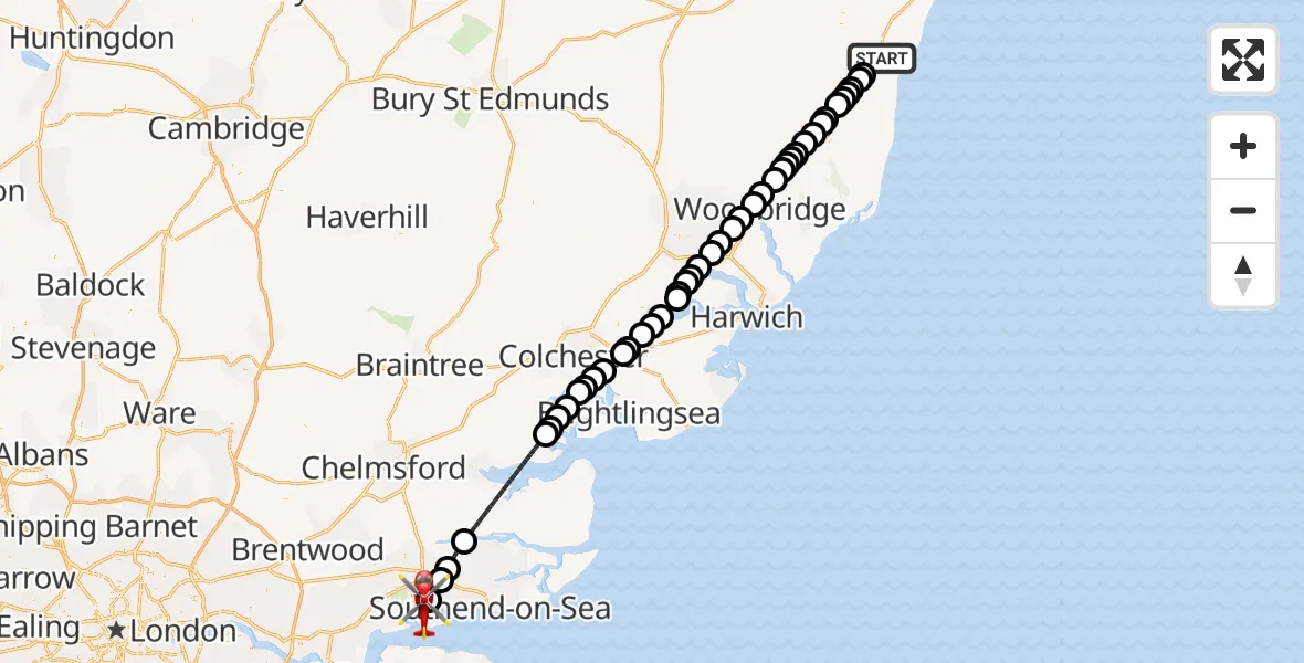 Flight route Air Ambulance Helicopter Blythburgh - South Benfleet, 01 June 2026, 12:16