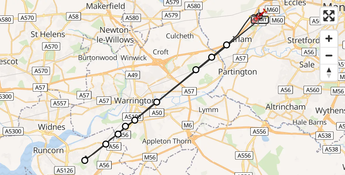 Flight route Air Ambulance Helicopter Manchester Barton Aerodrome - Manchester Barton Aerodrome, 01 June 2026, 12:42
