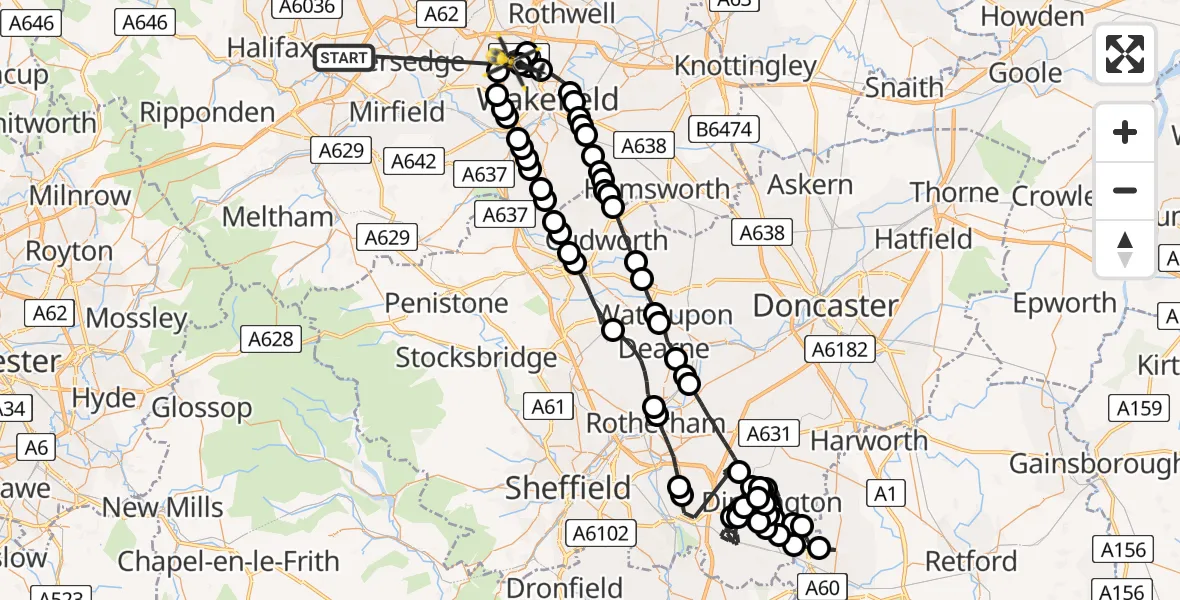Flight route Police Helicopter Bailiff Bridge - East Ardsley, 01 June 2026, 12:44