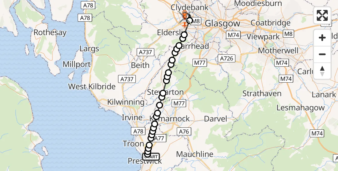 Flight route Coastguard Helicopter Glasgow Prestwick Airport - Glasgow Airport, 01 June 2026, 12:45