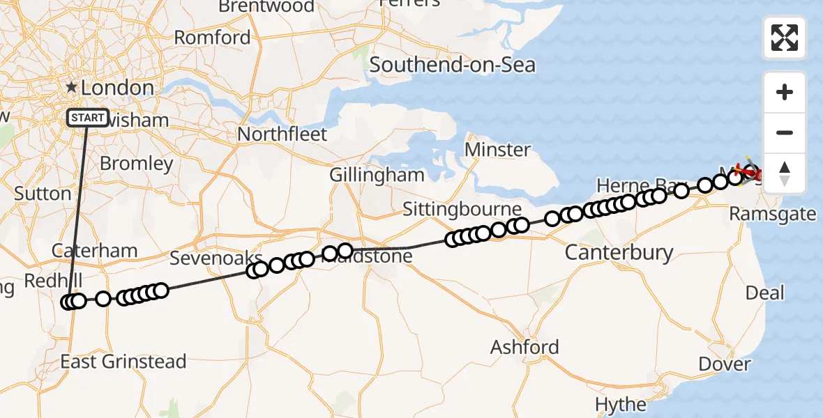 Flight route Air Ambulance Helicopter Kings College London Hospital - Margate, 01 June 2026, 12:55