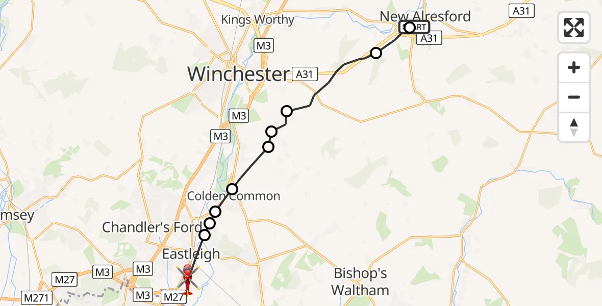 Flight route Air Ambulance Helicopter New Alresford - Southampton Airport, 01 June 2026, 12:59
