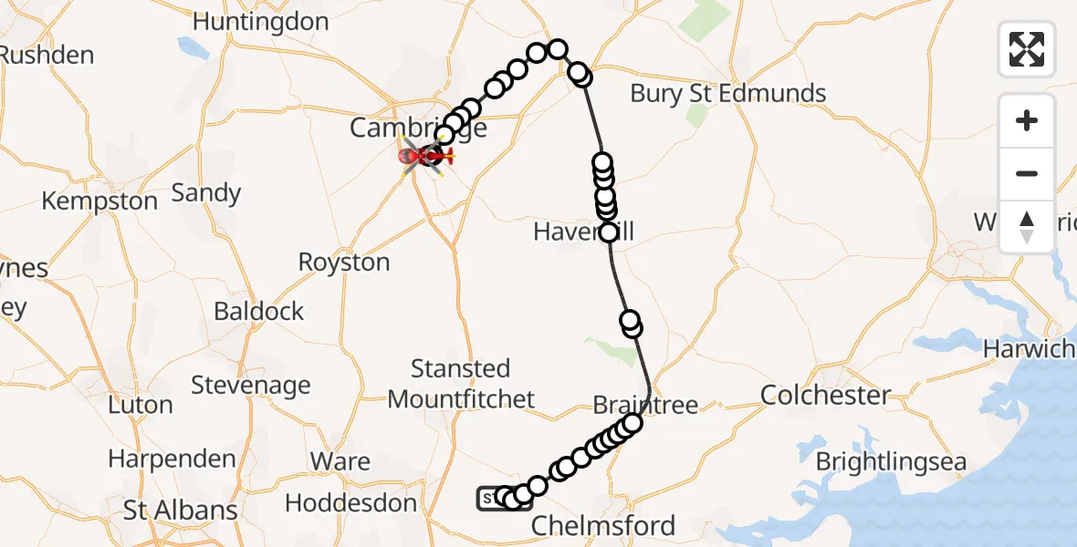 Flight route Air Ambulance Helicopter Fyfield - Papworth Hospital, 01 June 2026, 13:03
