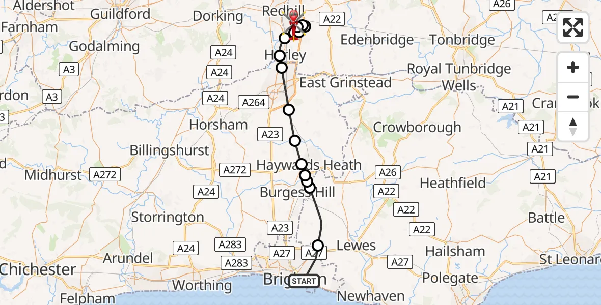 Flight route Air Ambulance Helicopter Brighton - Redhill Aerodrome, 01 June 2026, 13:13