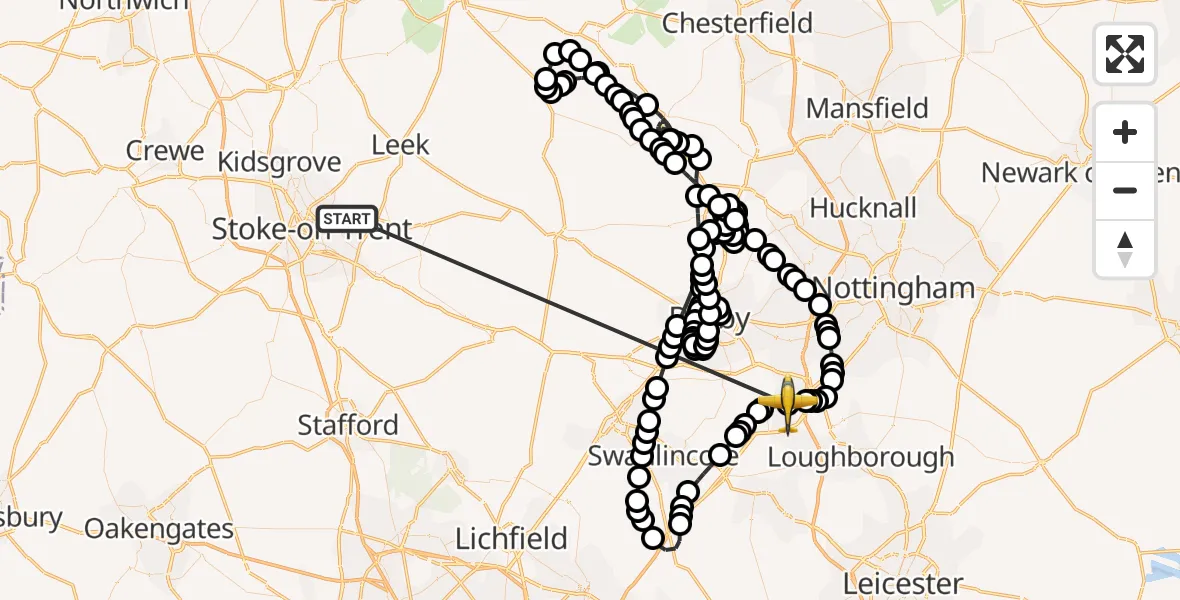 Flight route Police Aircraft Staffordshire Moorlands - East Midlands Airport, 01 June 2026, 13:16