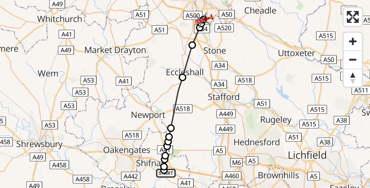 Flight route Air Ambulance Helicopter RAF Cosford - Fenton, 01 June 2026, 13:36