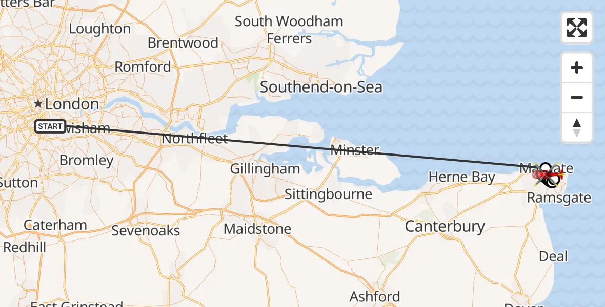 Flight route Air Ambulance Helicopter Kings College London Hospital - Queen Elizabeth The Queen Mother Hospital Heliport, 01 June 2026, 13:56