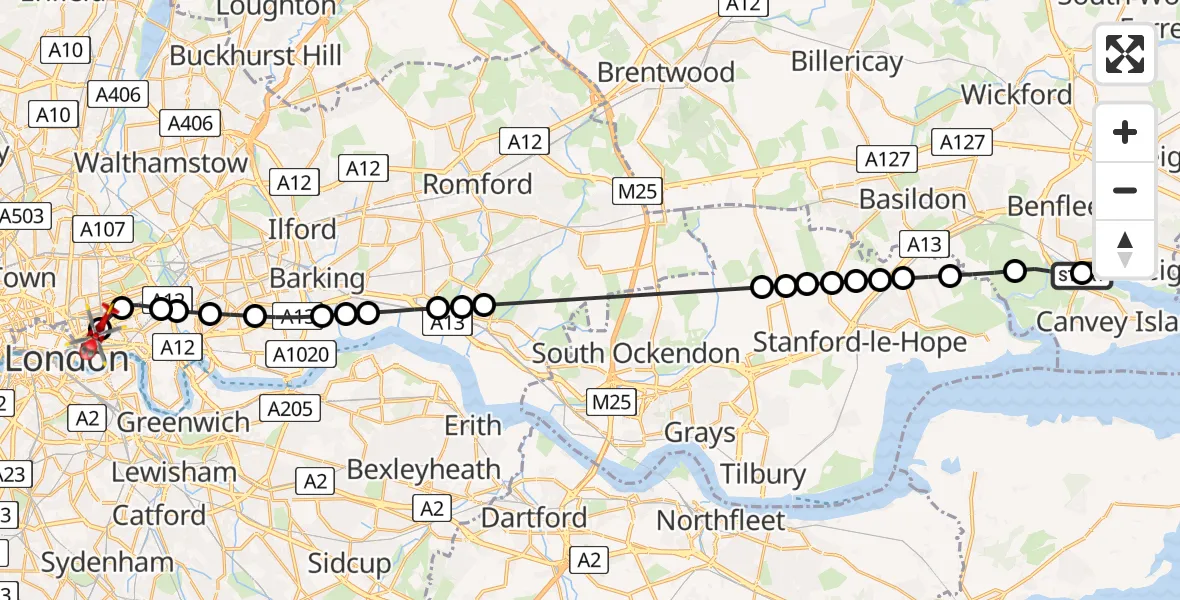 Flight route Air Ambulance Helicopter Winter Gardens - Royal London Hospital, 01 June 2026, 13:57