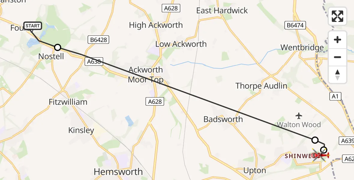 Flight route Air Ambulance Helicopter YAA Nostell Helicopter Port - Upton and North Elmsall, 01 June 2026, 14:03