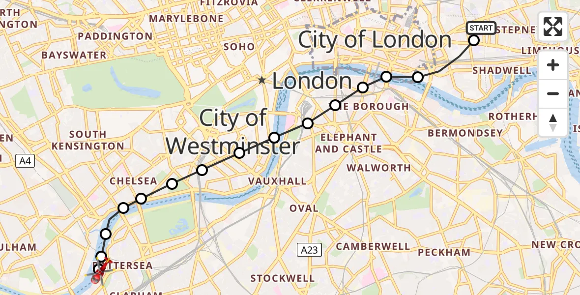 Flight route Air Ambulance Helicopter Royal London Hospital - London Heliport, 01 June 2026, 14:07