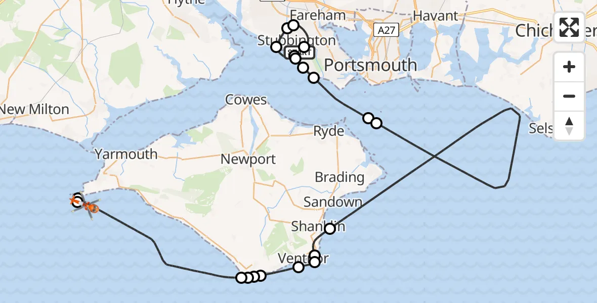 Flight route Coastguard Helicopter Solent Airport - English Channel, 01 June 2026, 14:10