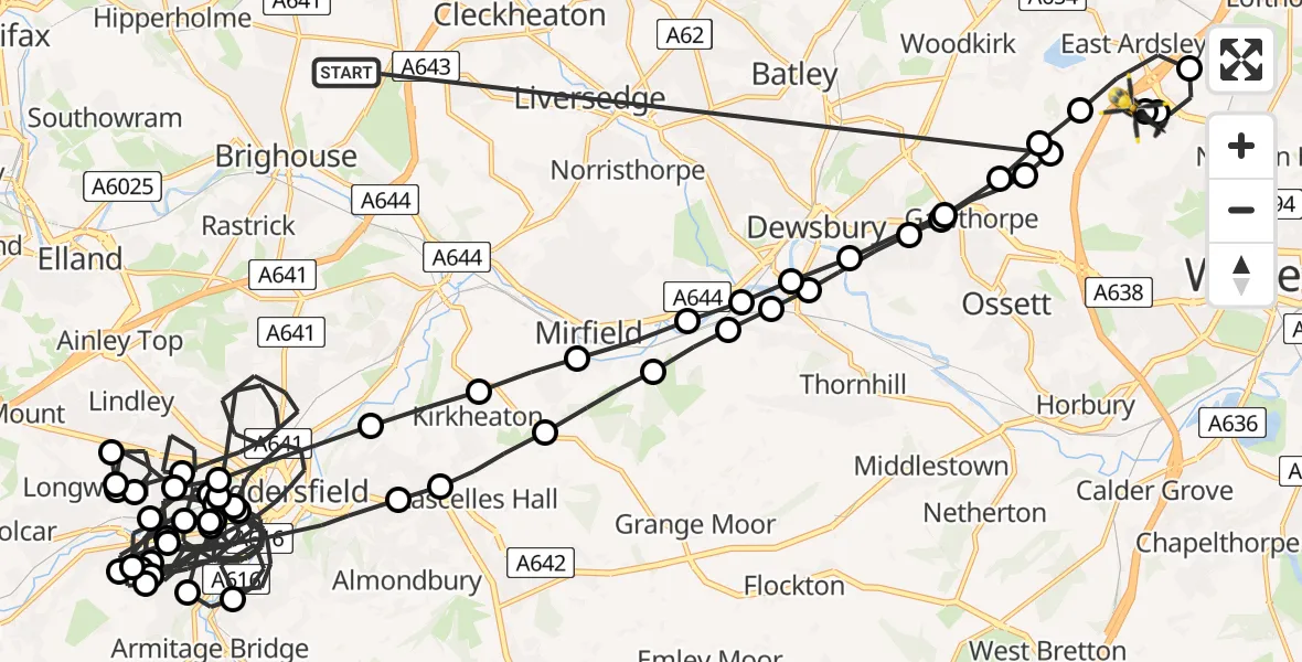 Flight route Police Helicopter Bailiff Bridge - East Ardsley, 01 June 2026, 14:12
