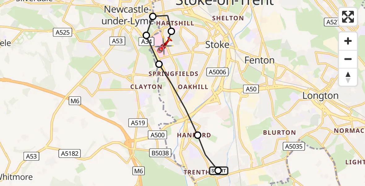 Flight route Air Ambulance Helicopter Trentham - University Hospital North Staffs, 01 June 2026, 14:28