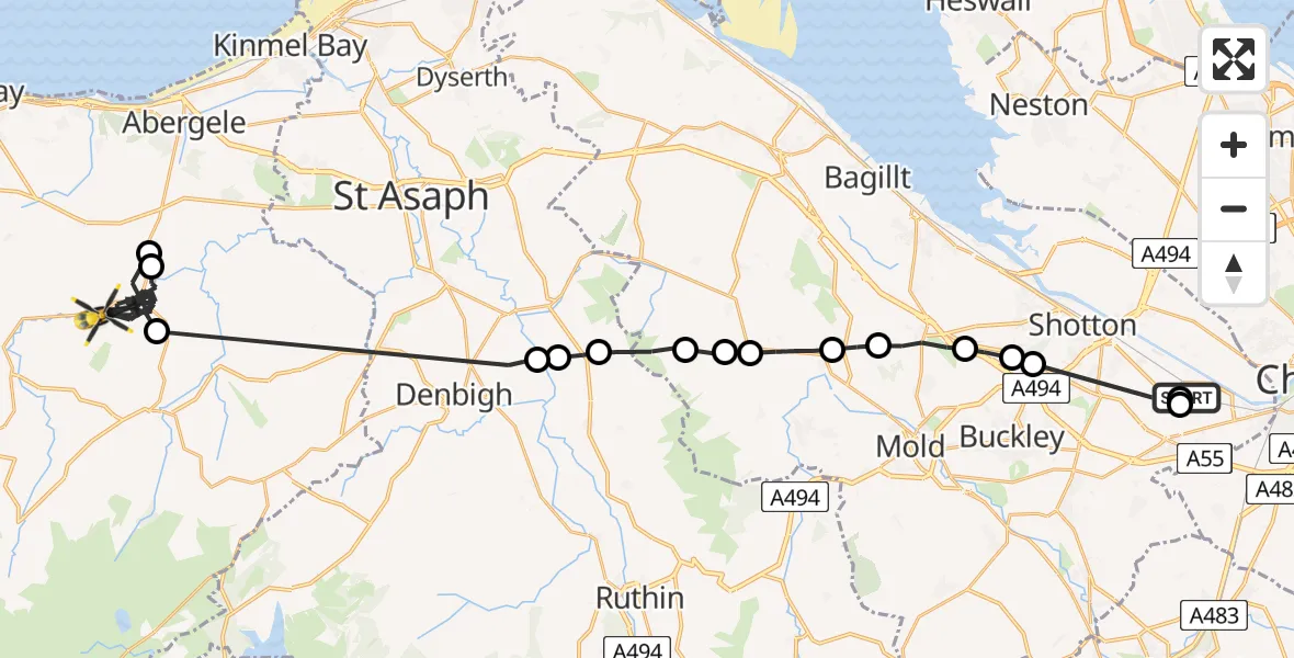 Flight route Police Helicopter Hawarden Airport - Llanfair Talhaearn, 01 June 2026, 14:34