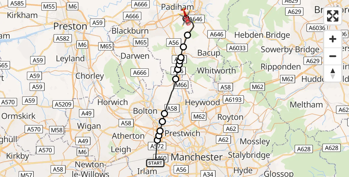 Flight route Air Ambulance Helicopter Manchester Barton Aerodrome - Padiham, 01 June 2026, 14:34