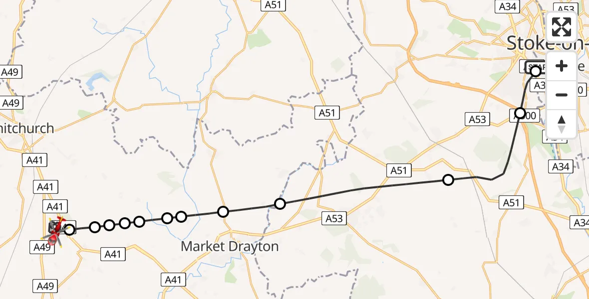 Flight route Air Ambulance Helicopter University Hospital North Staffs - Prees Higher Heath, 01 June 2026, 14:42