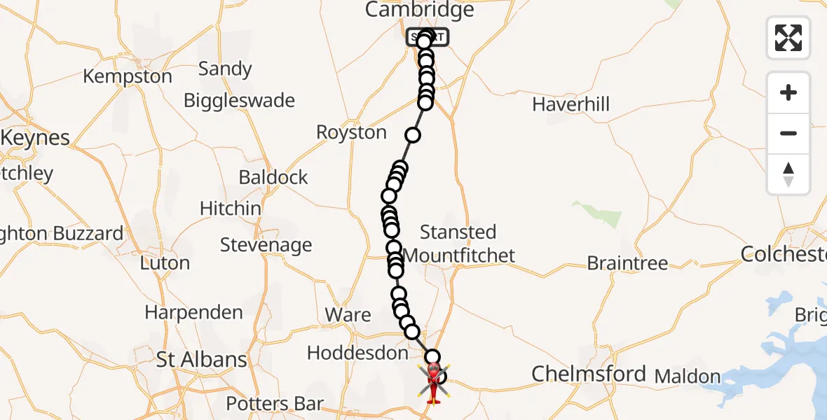 Flight route Air Ambulance Helicopter Papworth Hospital - North Weald Airfield, 01 June 2026, 14:45