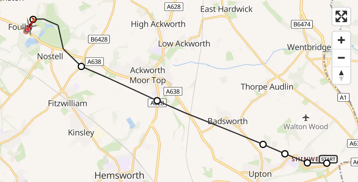 Flight route Air Ambulance Helicopter Upton and North Elmsall - YAA Nostell Helicopter Port, 01 June 2026, 15:04