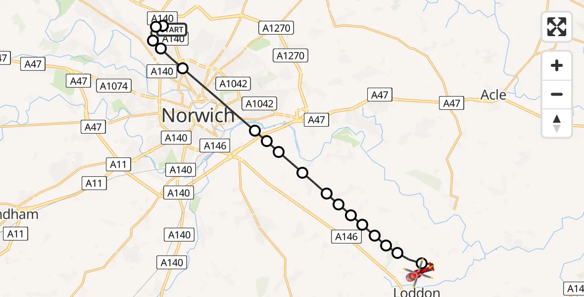 Flight route Air Ambulance Helicopter Norwich Airport - Chedgrave, 01 June 2026, 15:04