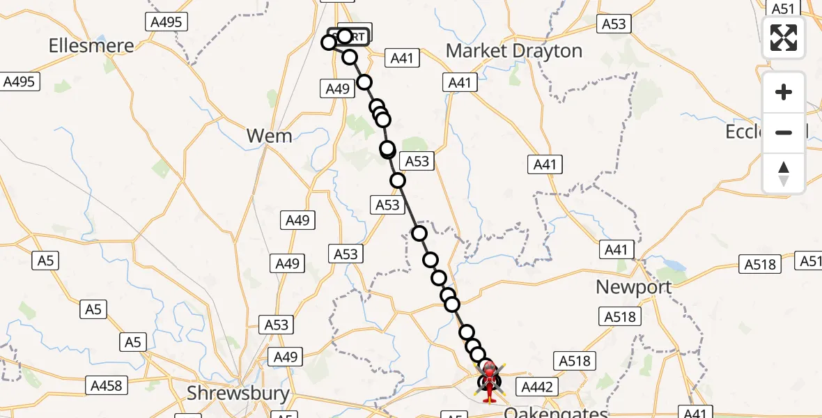 Flight route Air Ambulance Helicopter Prees Higher Heath - Princess Royal Telford Hospital, 01 June 2026, 15:27