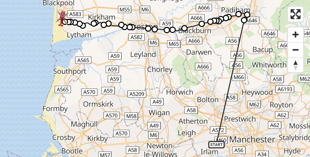 Flight route Air Ambulance Helicopter Manchester Barton Aerodrome - Blackpool Airport, 01 June 2026, 15:28