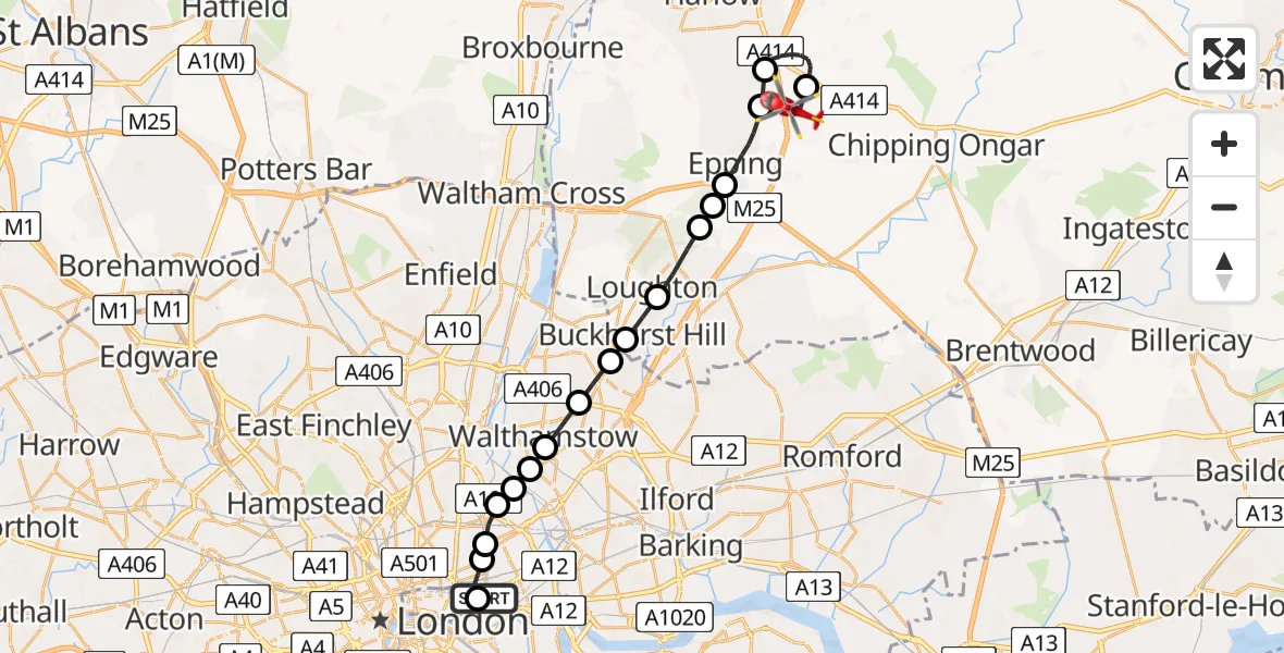 Flight route Air Ambulance Helicopter Royal London Hospital - North Weald Airfield, 01 June 2026, 15:39