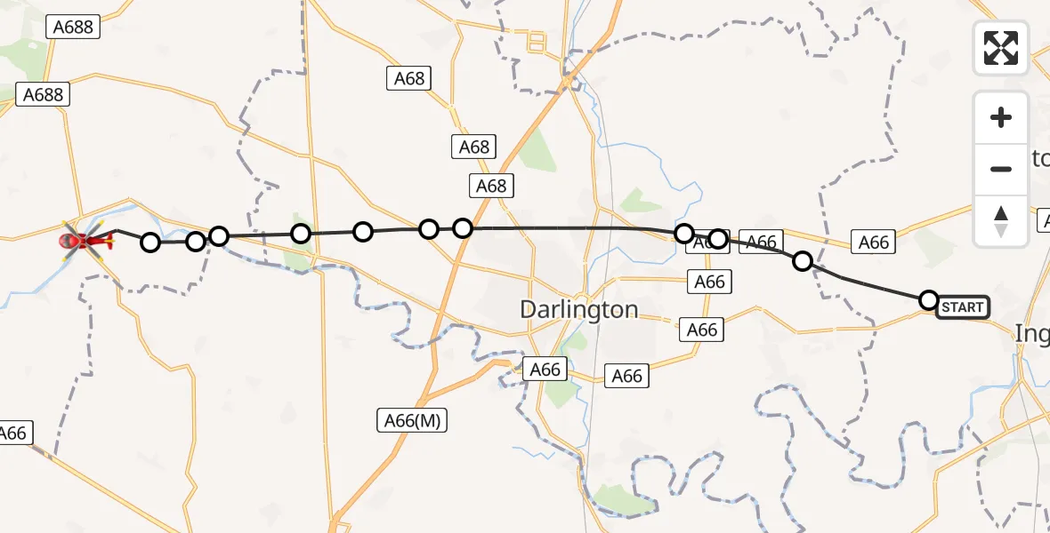 Flight route Air Ambulance Helicopter Egglescliffe - Barforth, 01 June 2026, 15:39