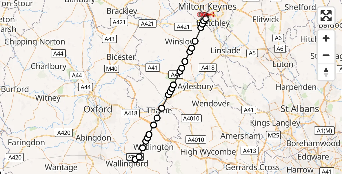 Flight route Air Ambulance Helicopter RAF Benson - Bletchley, 01 June 2026, 16:04