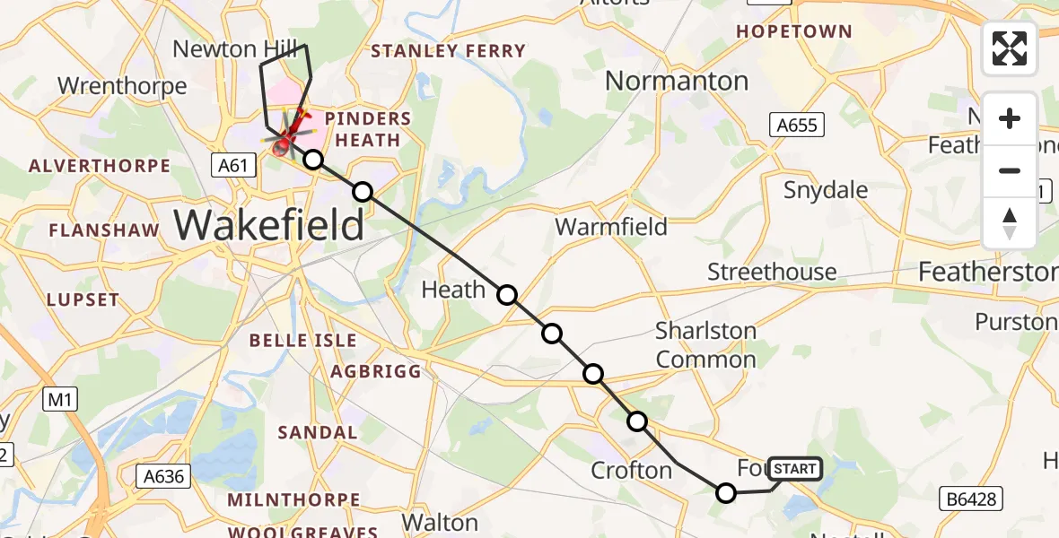 Flight route Air Ambulance Helicopter YAA Nostell Helicopter Port - Newton Hill, 01 June 2026, 16:07