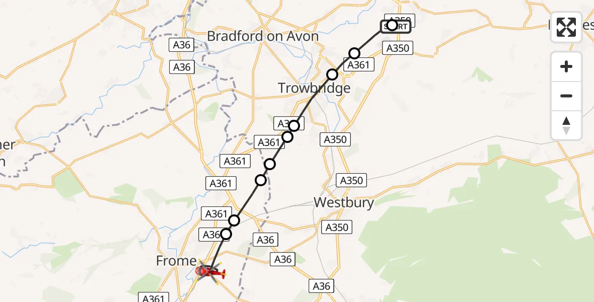 Flight route Air Ambulance Helicopter Wiltshire Air Ambulance - Frome, 01 June 2026, 16:09