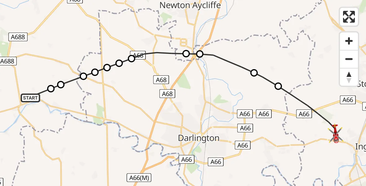 Flight route Air Ambulance Helicopter Winston - Egglescliffe, 01 June 2026, 16:13