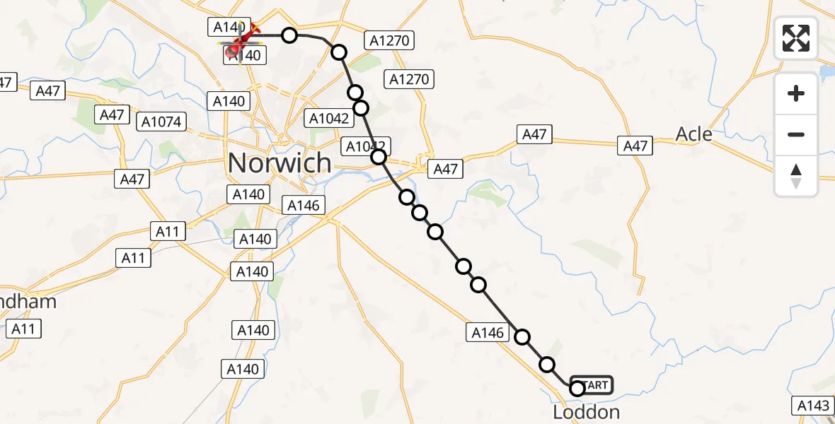 Flight route Air Ambulance Helicopter Chedgrave - Norwich Airport, 01 June 2026, 16:19