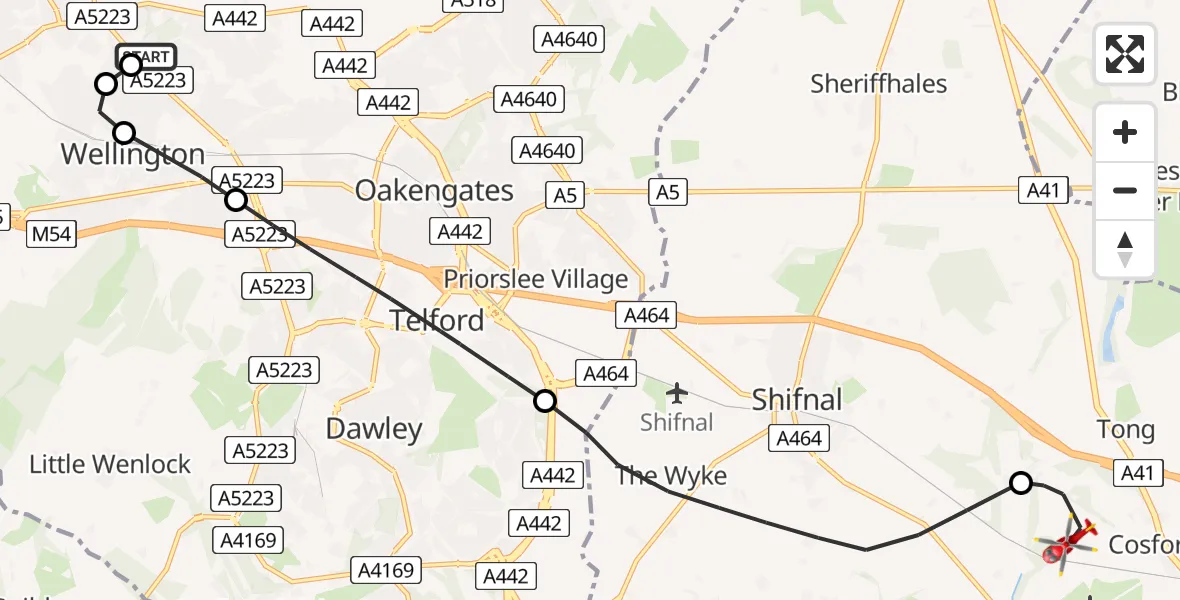 Flight route Air Ambulance Helicopter Princess Royal Telford Hospital - Tong, 01 June 2026, 16:22