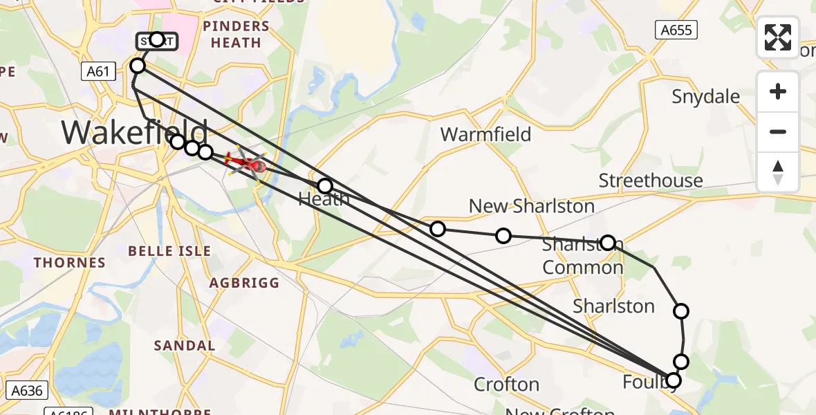 Flight route Air Ambulance Helicopter Newton Hill - Heath, 01 June 2026, 16:26