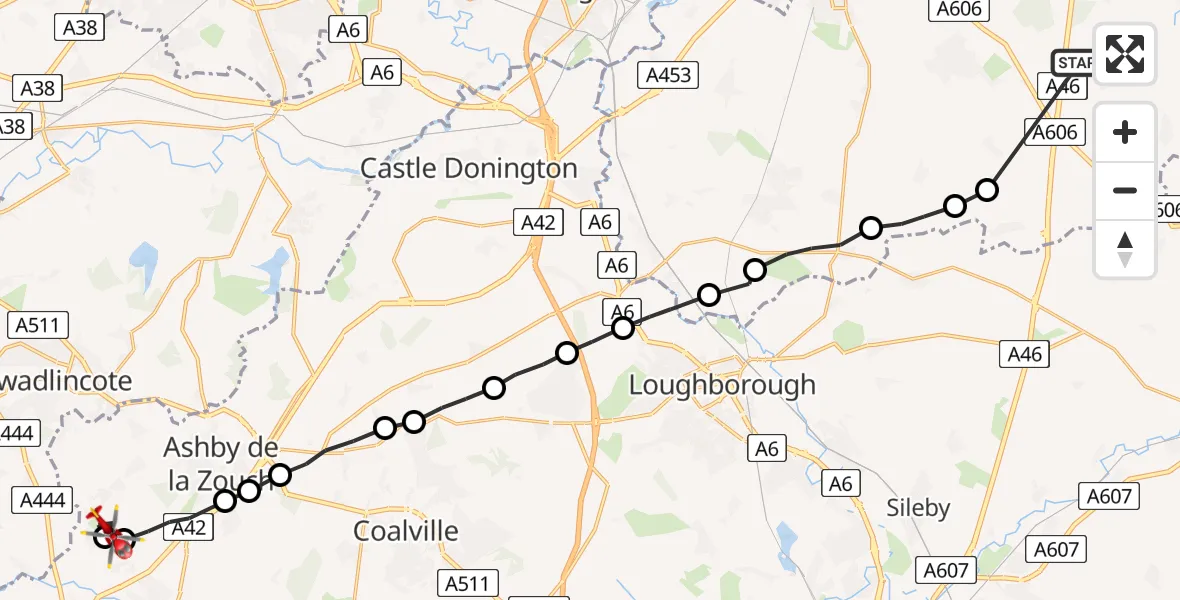 Flight route Air Ambulance Helicopter Kinoulton - Donisthorpe, 01 June 2026, 16:33