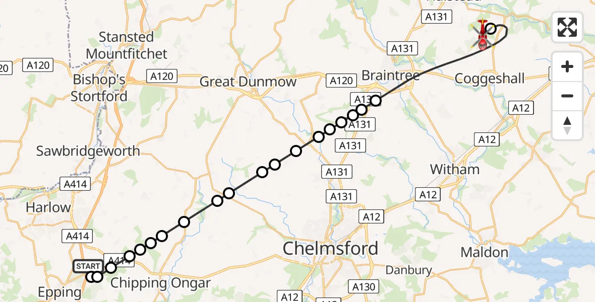 Flight route Air Ambulance Helicopter North Weald Airfield - Earls Colne Airfield, 01 June 2026, 16:43