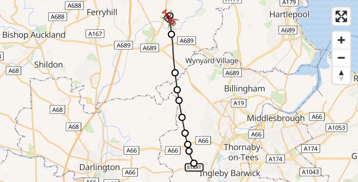 Flight route Air Ambulance Helicopter Egglescliffe - Fishburn, 01 June 2026, 16:44