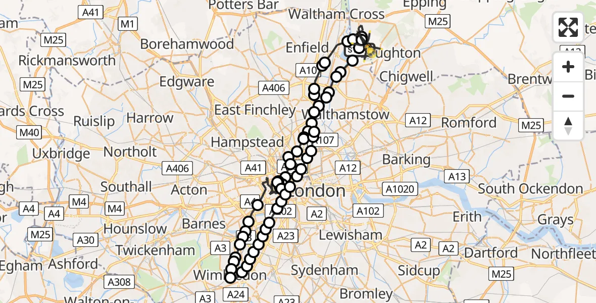 Flight route Police Helicopter Chingford - Sewardstonebury, 01 June 2026, 16:51