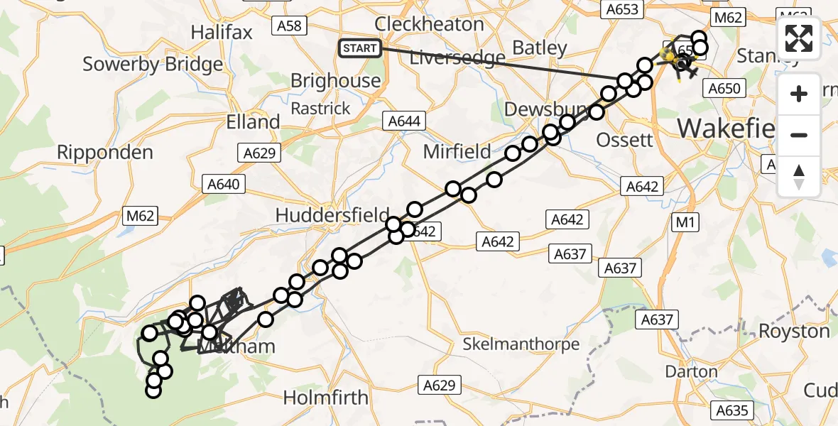 Flight route Police Helicopter Bailiff Bridge - East Ardsley, 01 June 2026, 16:54