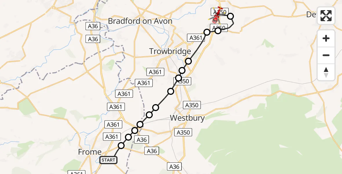 Flight route Air Ambulance Helicopter Frome - Melksham, 01 June 2026, 16:56