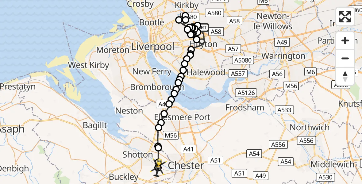 Flight route Police Helicopter Knowsley - Hawarden Airport, 01 June 2026, 17:11
