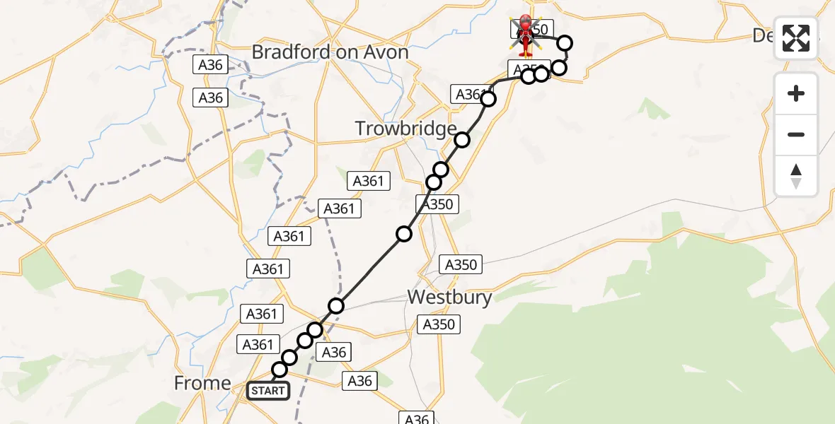 Flight route Air Ambulance Helicopter Frome - Wiltshire Air Ambulance, 01 June 2026, 17:21
