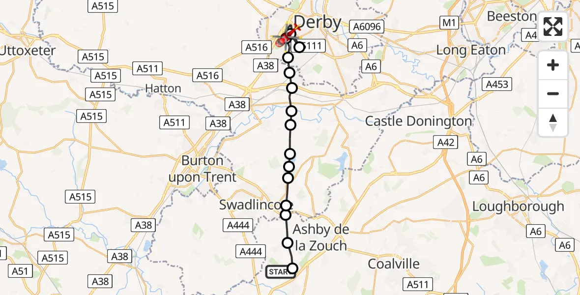Flight route Air Ambulance Helicopter Oakthorpe - Royal Derby Trauma Unit, 01 June 2026, 17:28