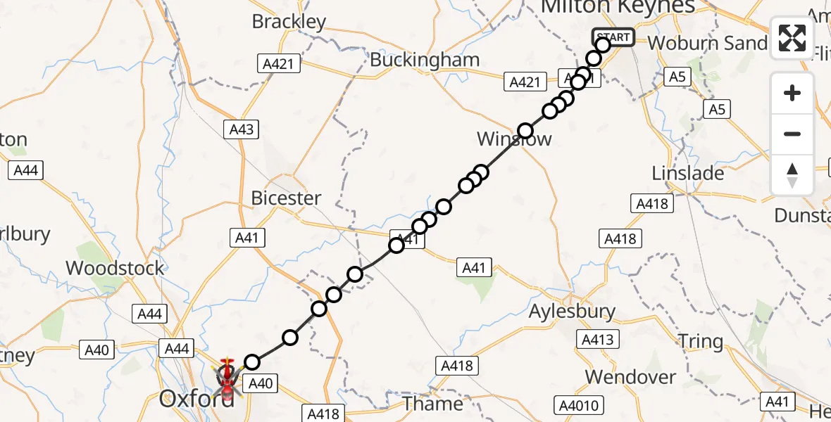 Flight route Air Ambulance Helicopter Bletchley - Oxford, 01 June 2026, 17:29