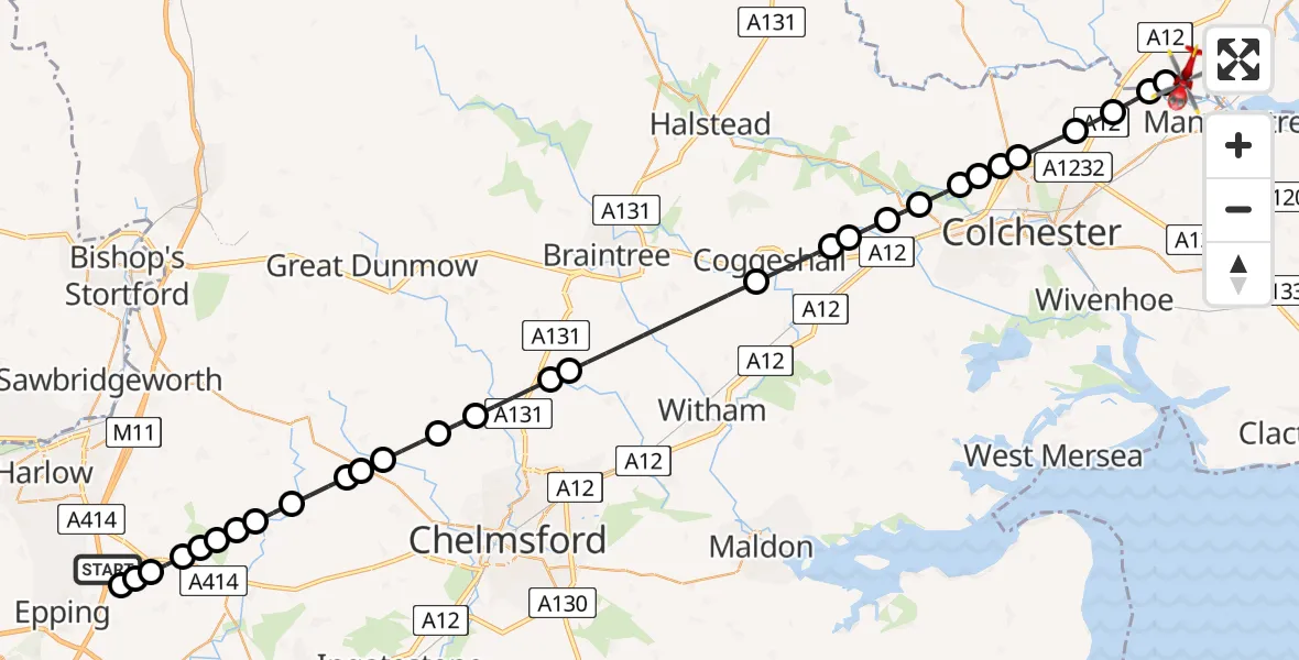 Flight route Air Ambulance Helicopter North Weald Airfield - East Bergholt, 01 June 2026, 17:56