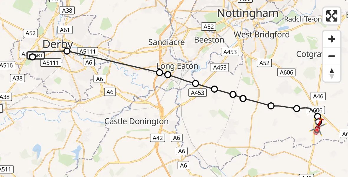 Flight route Air Ambulance Helicopter Royal Derby Trauma Unit - Nottingham Heliport, 01 June 2026, 18:13